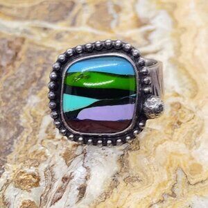 Handmade Sterling Silver Multicolor Striped Fused Glass Ring Size 7.5 Wide Band